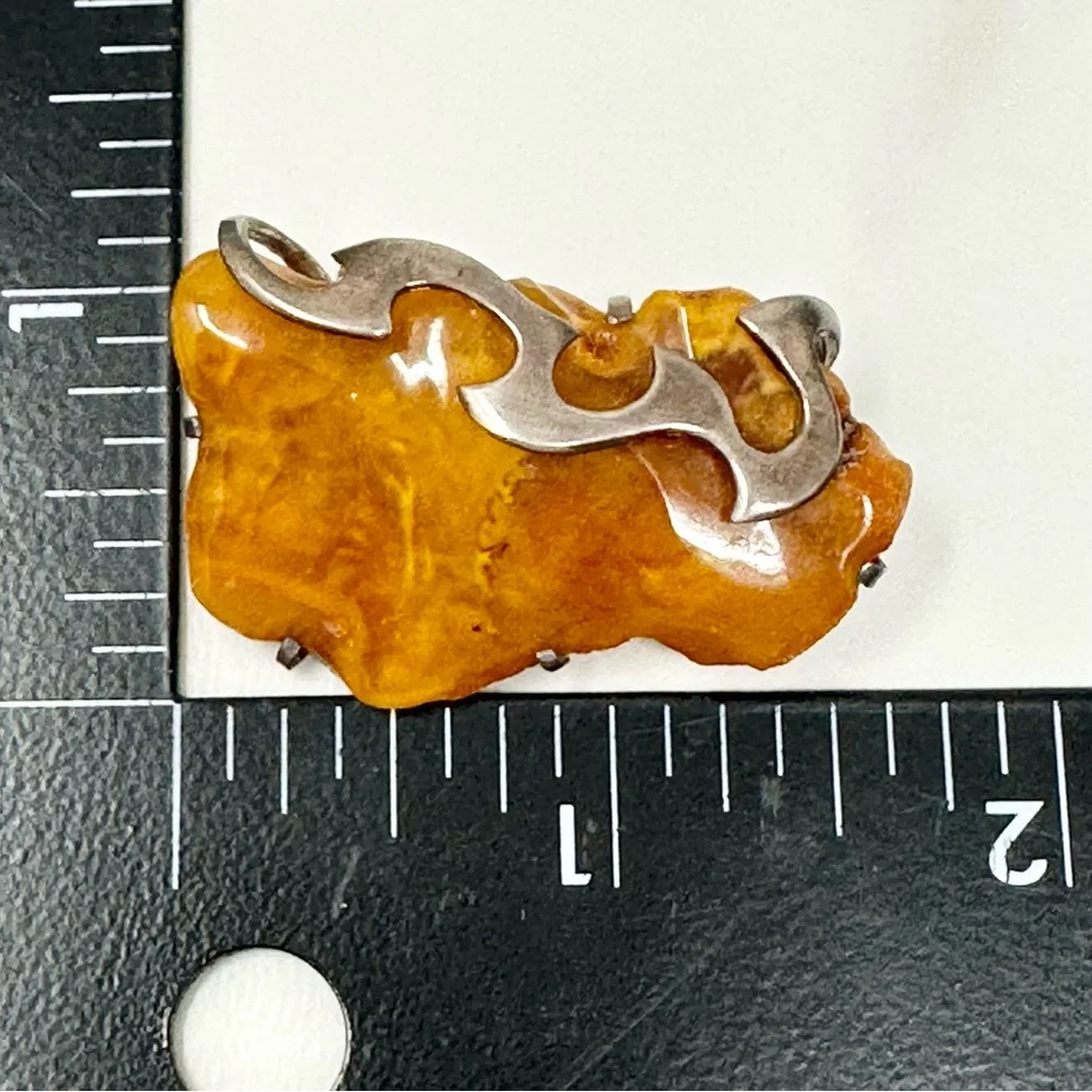 Baltic Amber Sterling Silver Handmade Brutalist Brooch Pin